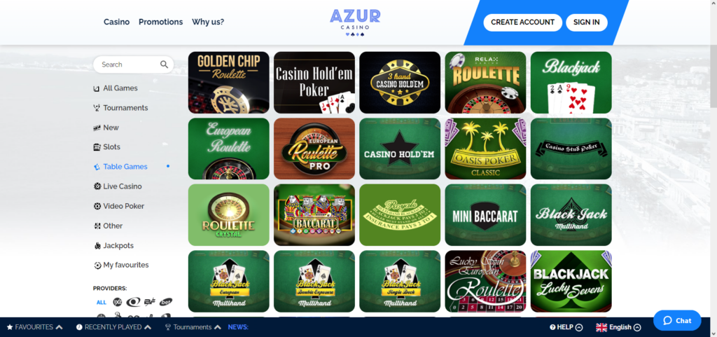 Azur casino table games