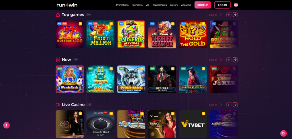 Run4win casino website navigation