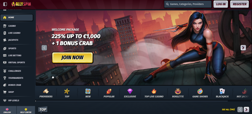 AllySpin casino homepage