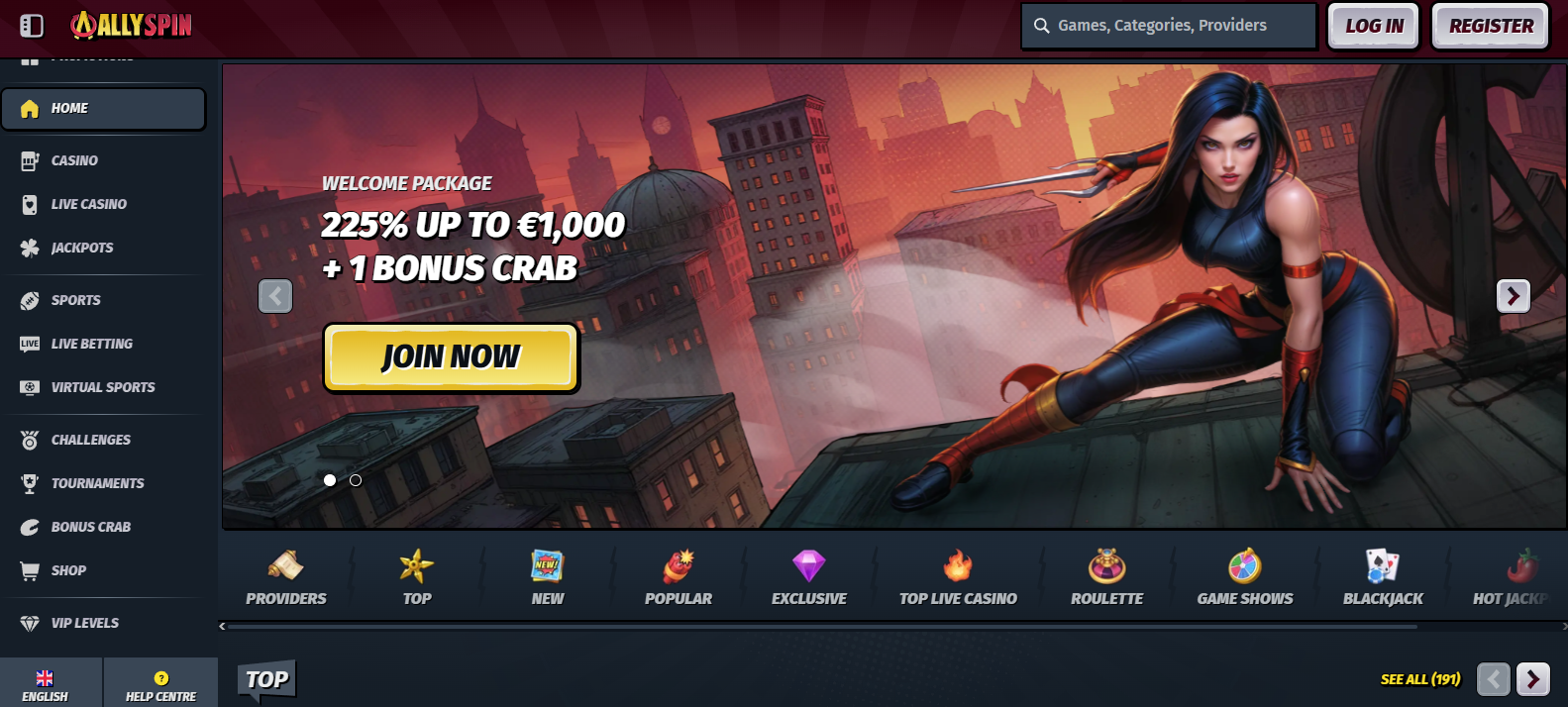 AllySpin casino homepage