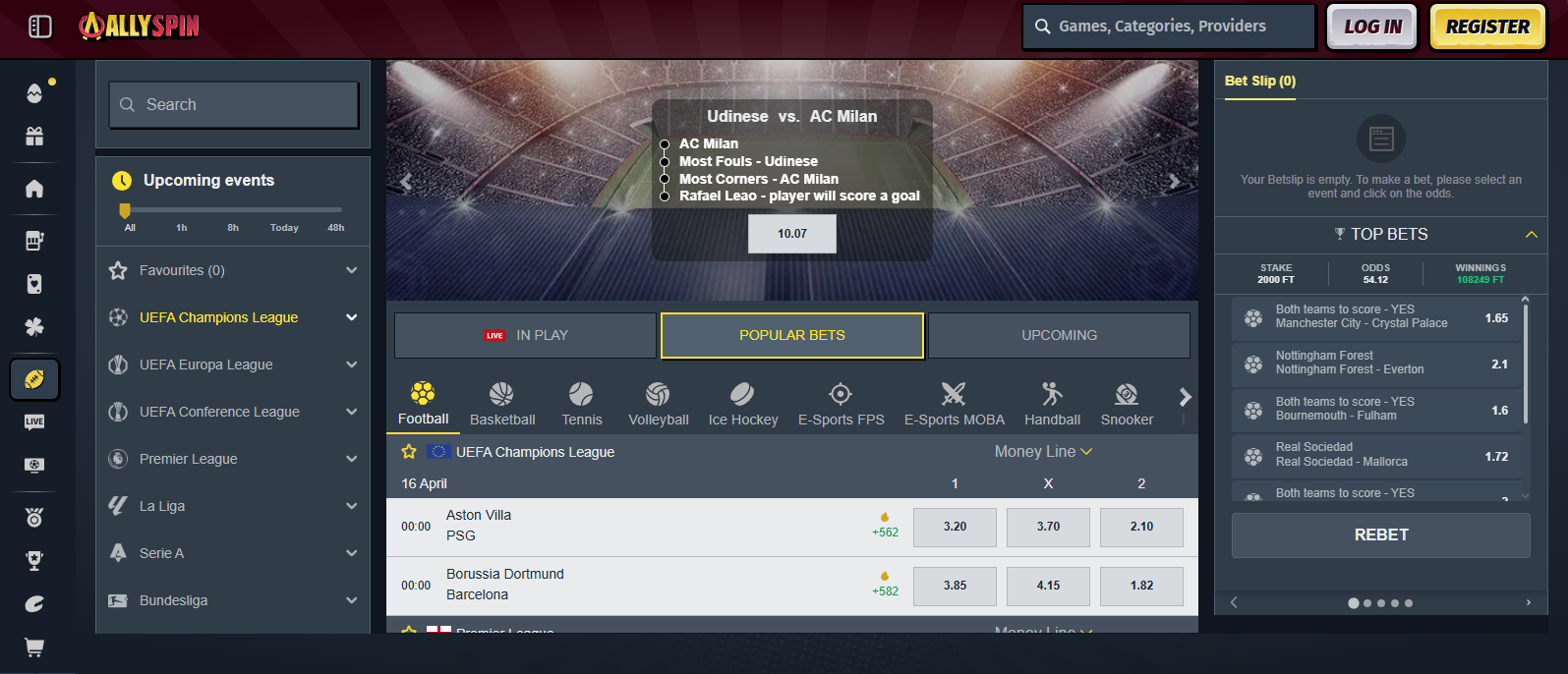 Allyspin casino betting page