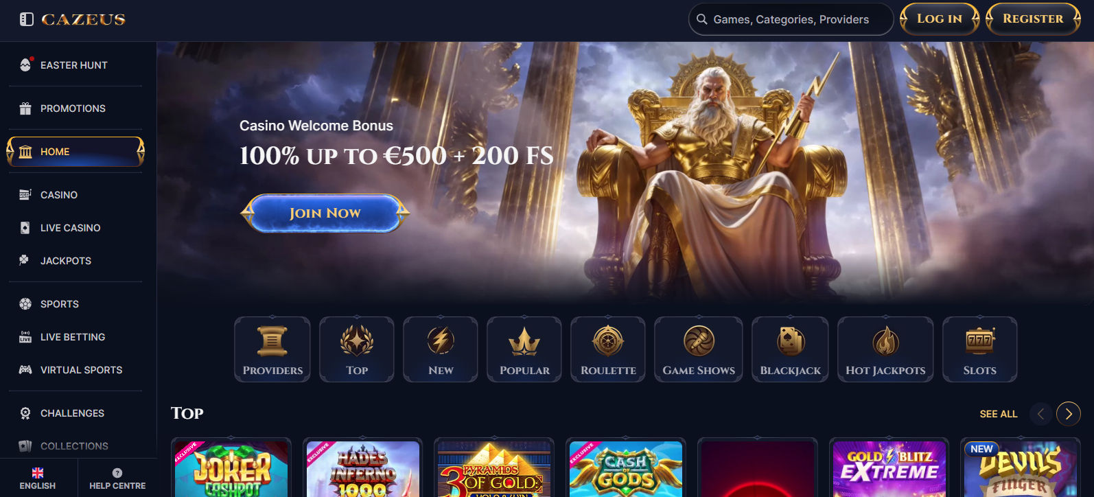 Cazeus Casino homepage
