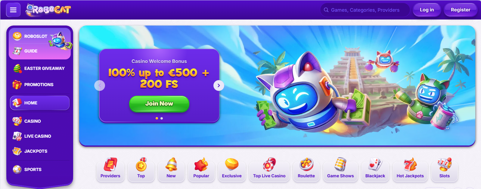Robocat online casino homepage