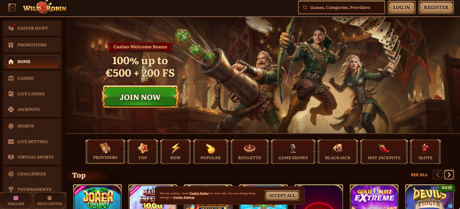 Wild Robin casino homepage