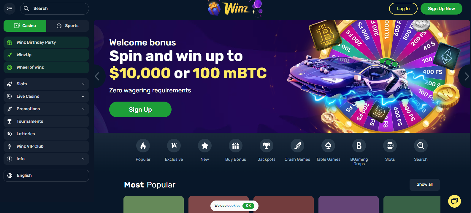 Winz casino homepage