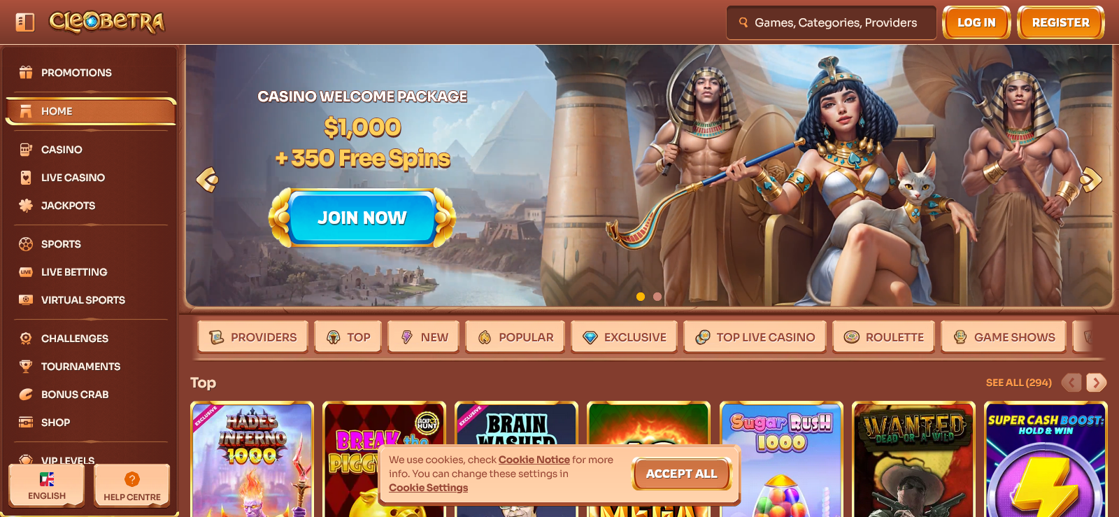 Cleobetra Casino homepage