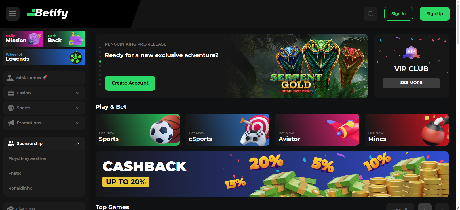 Betify casino homepage